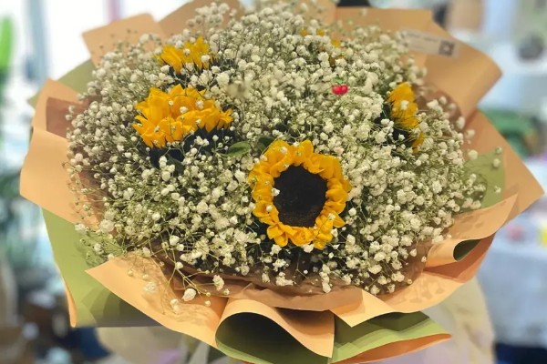 向日葵加满天星的花语，寓意积极向上、健康平安等