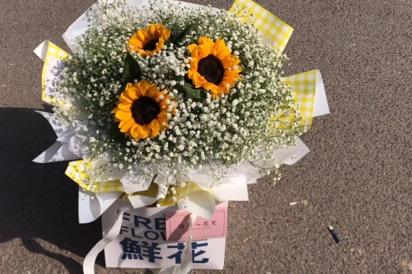 向日葵加满天星的花语，寓意积极向上、健康平安等