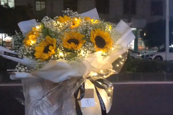 向日葵加满天星的花语，寓意积极向上、健康平安等